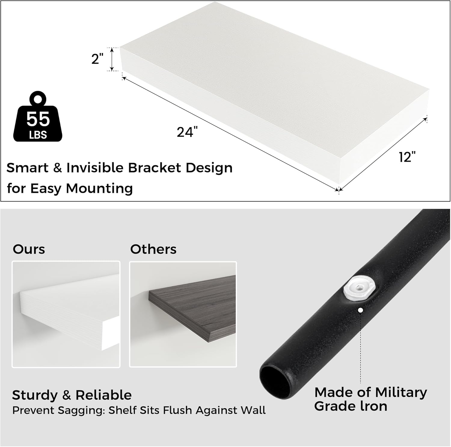 White Floating Wall Shelves 24x12 Inch Modern Design