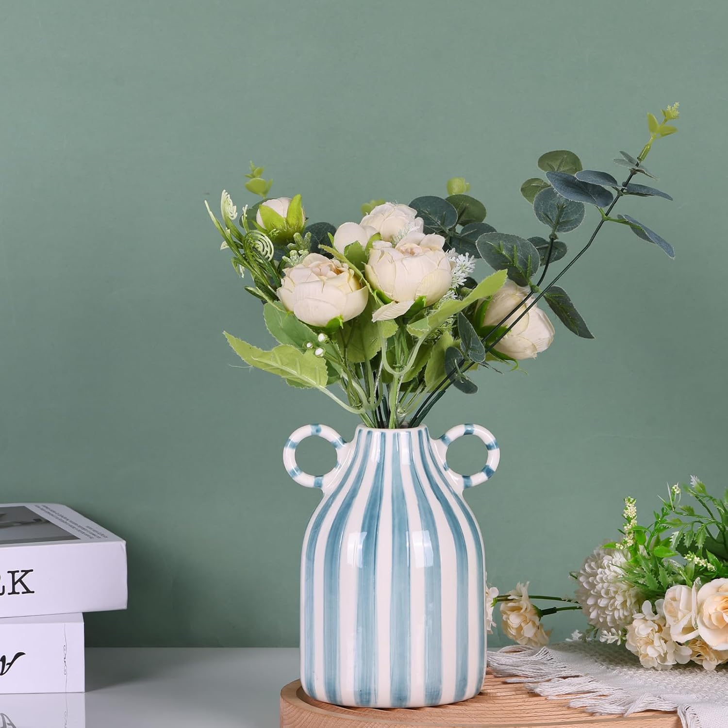 Green and White Ceramic Vase with Handle