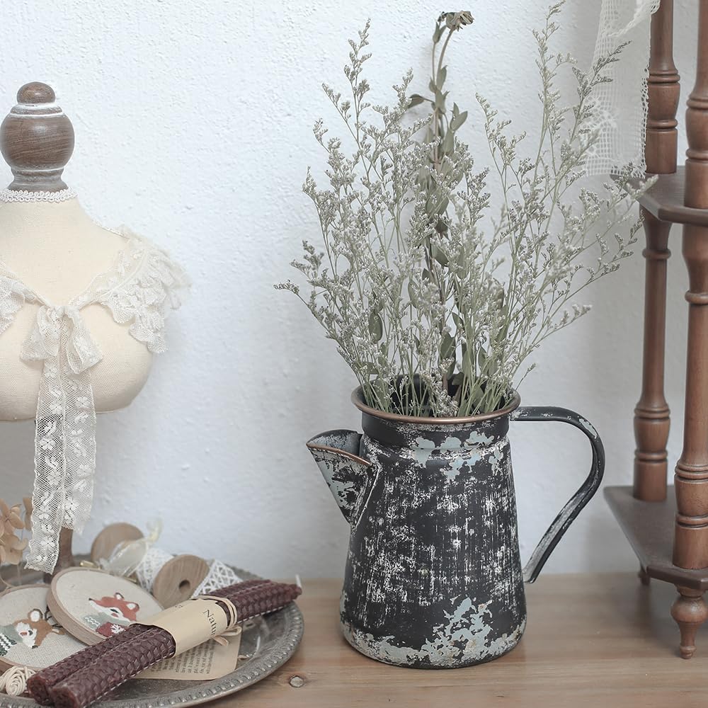 Vintage Metal Milk Jug Vase Shabby Chic Decor Black