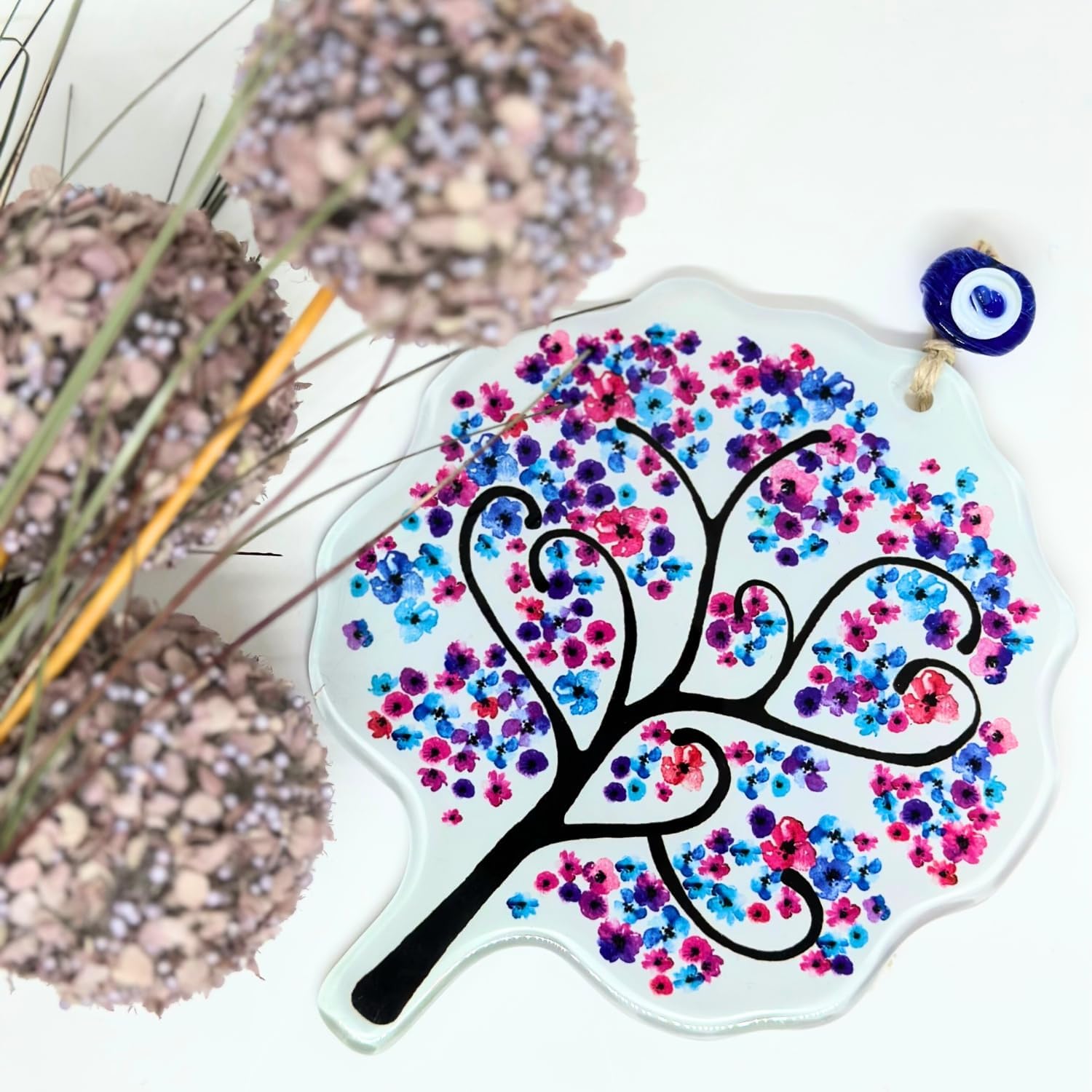 Glass Pink Flowers Tree of Life Hanging Decor with Evil Eye Bead