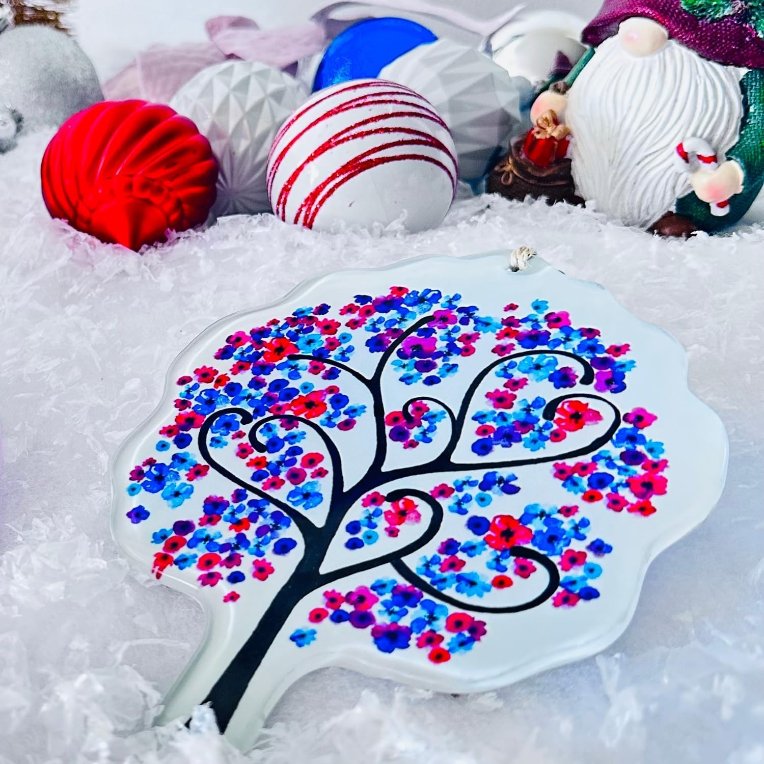 Glass Pink Flowers Tree of Life Hanging Decor with Evil Eye Bead