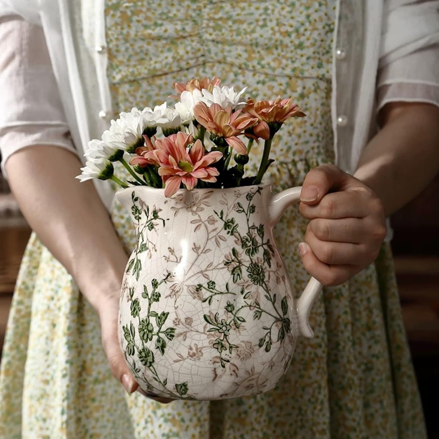 Green and Beige Ceramic Pitcher Vase with Handle