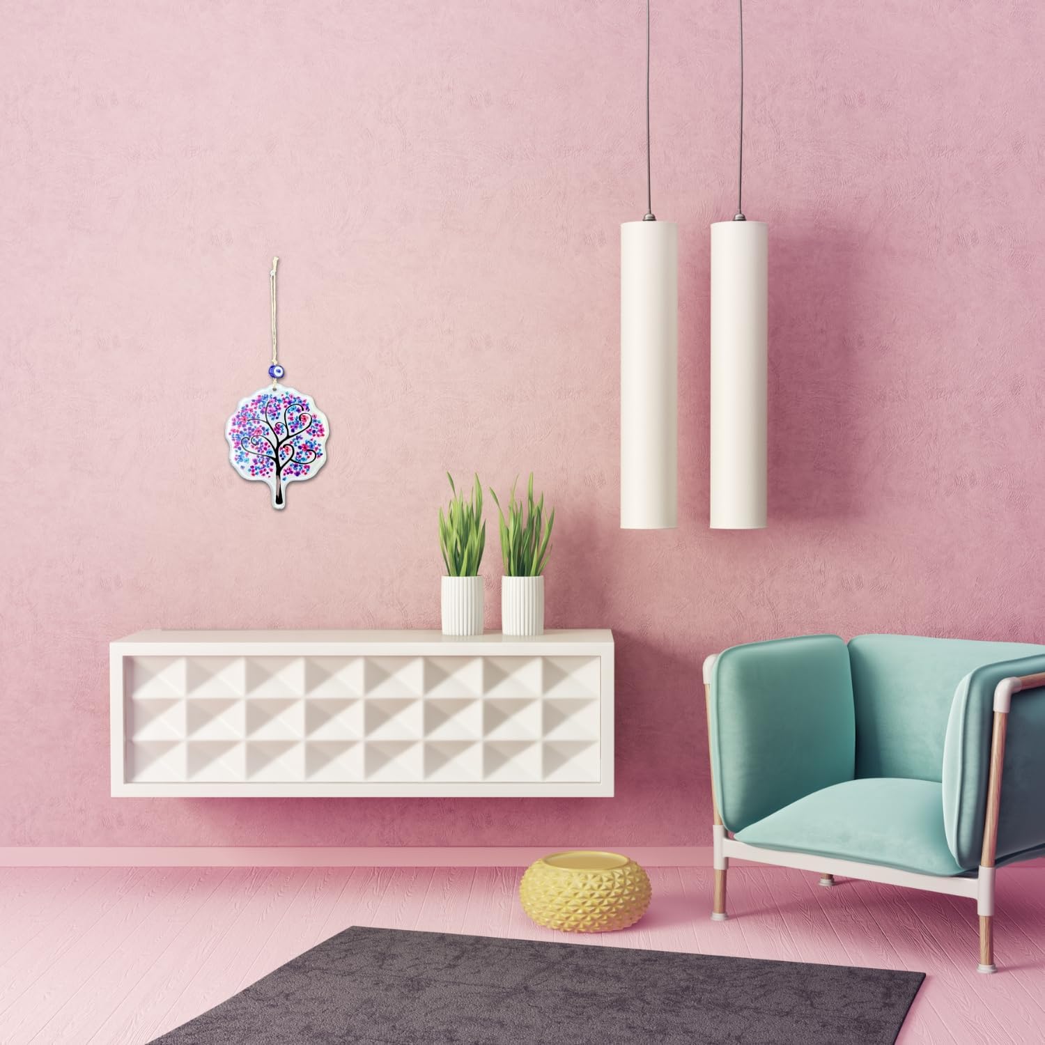 Glass Pink Flowers Tree of Life Hanging Decor with Evil Eye Bead