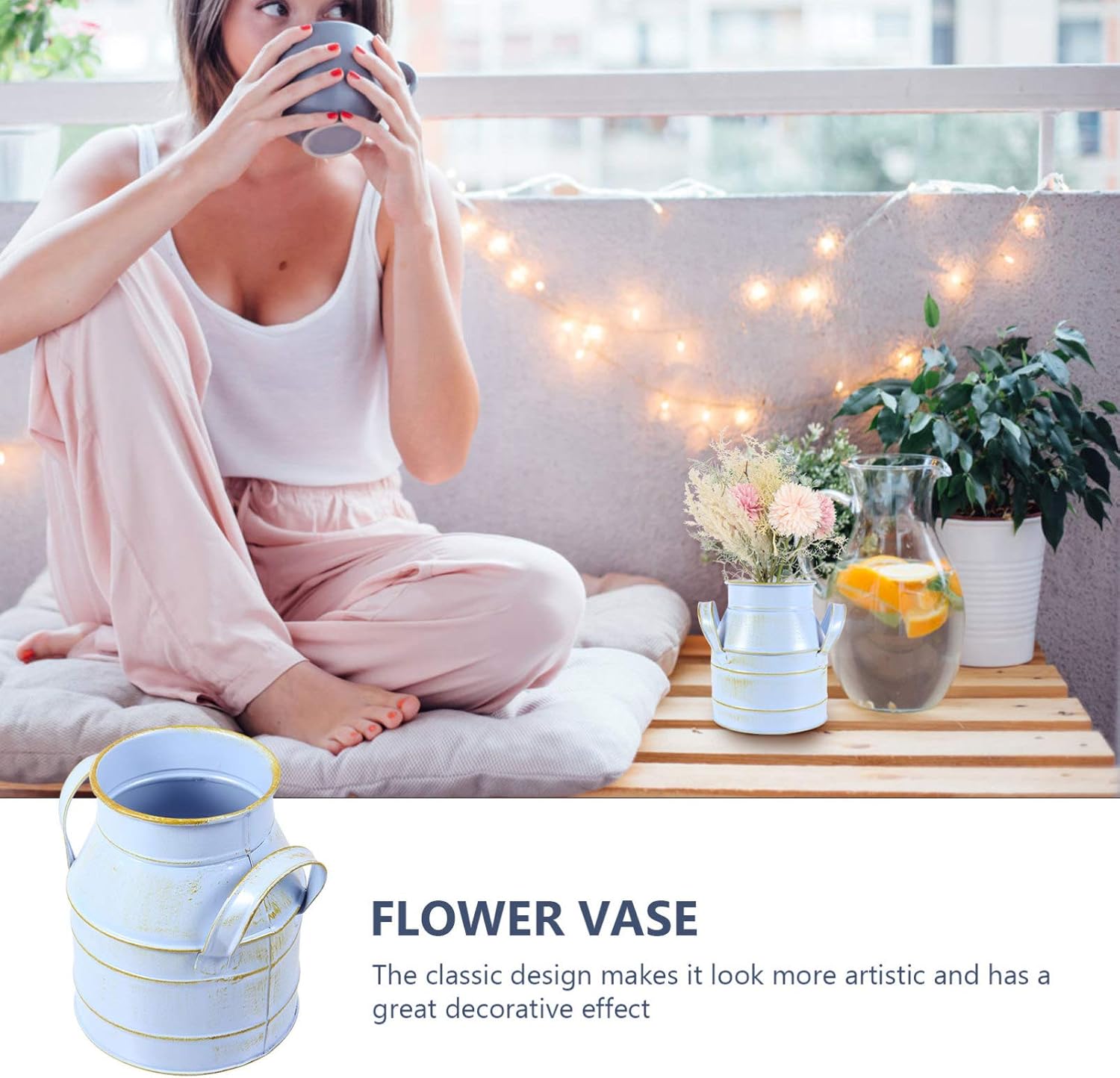 Hemoton Vintage Galvanized Metal Flower Bucket Shabby Chic Vase Blue