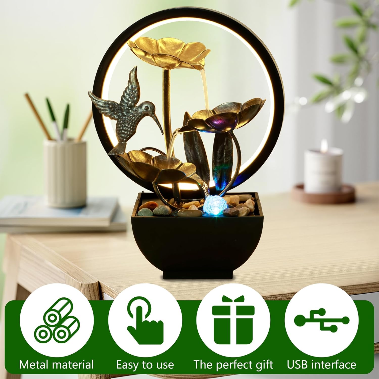 Tabletop Water Fountain with LED Ring Light and Humidifier for Home Office Bedroom