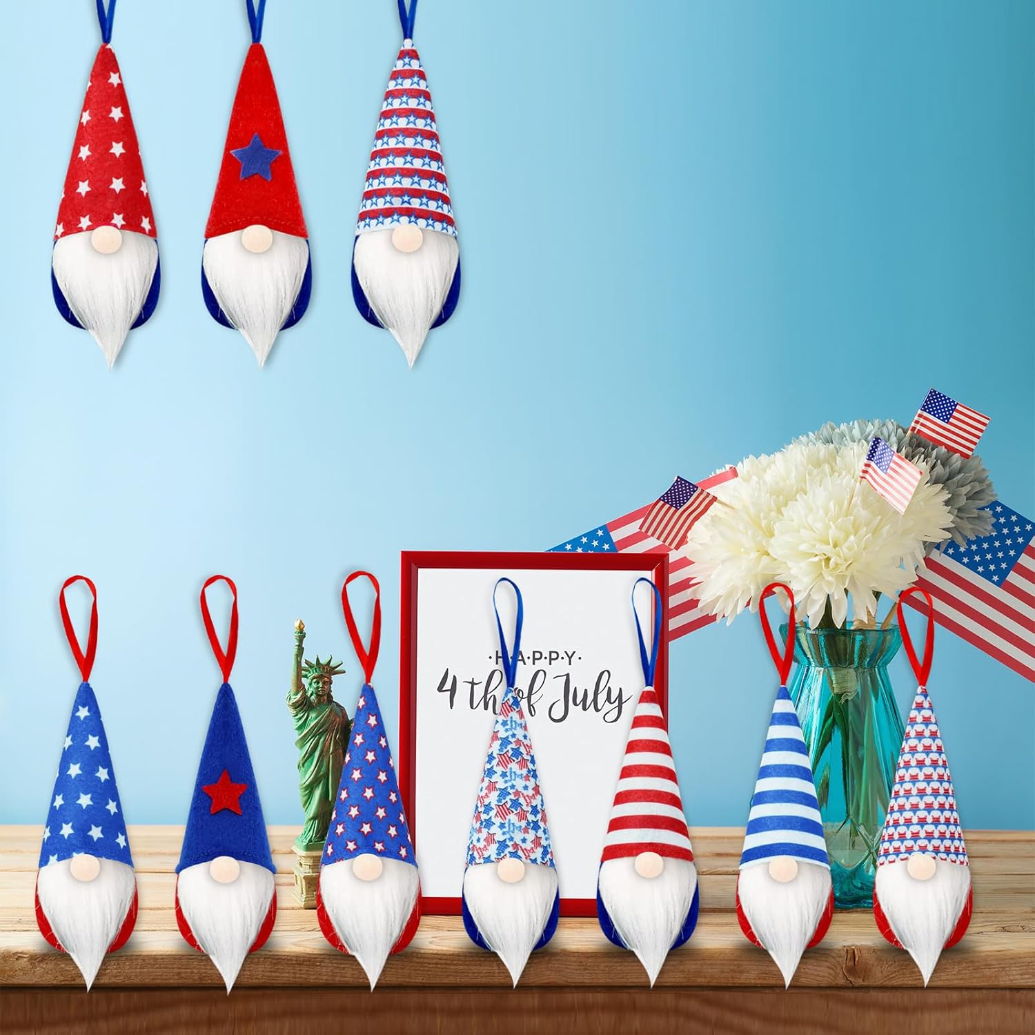 Patriotic Gnome Ornaments 10 Pack Red White Blue Decor