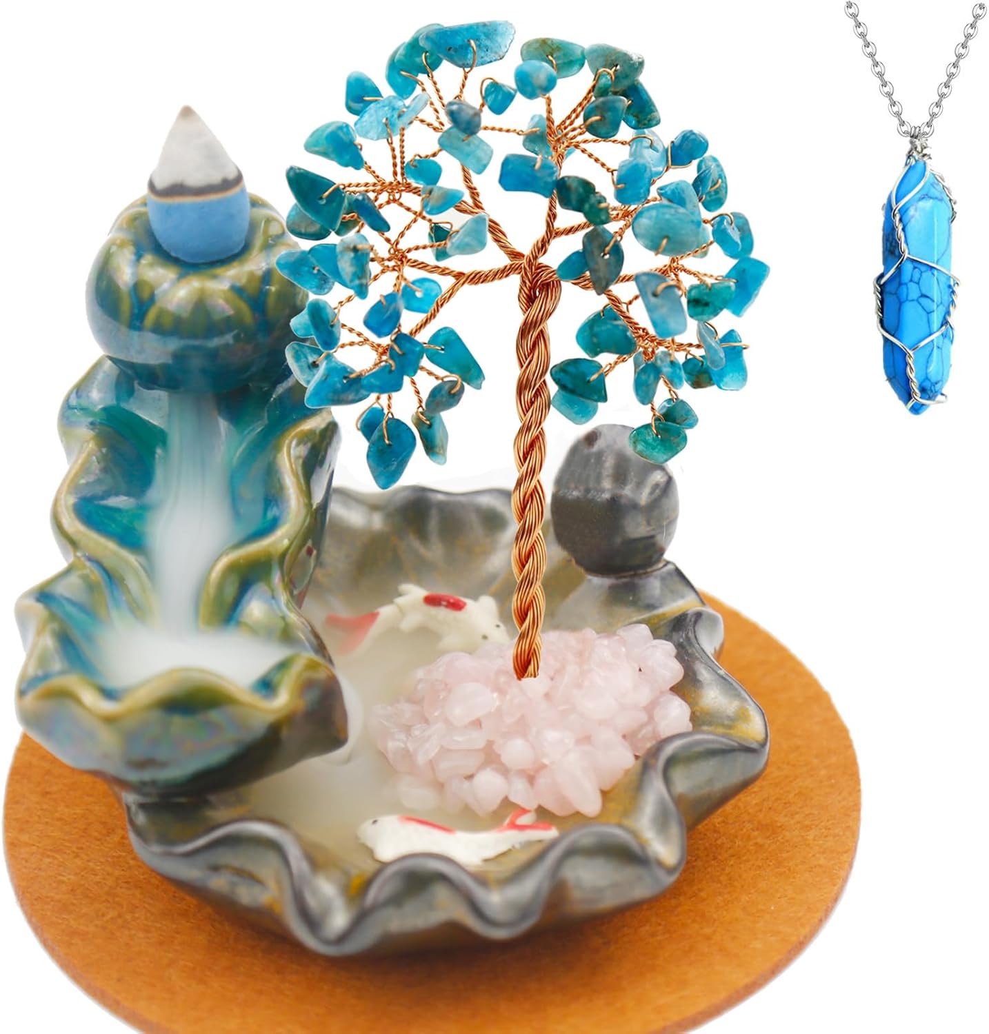 Crystal Tree Waterfall Incense Burner with 30 Cones 30 Sticks Healing Crystal Necklace