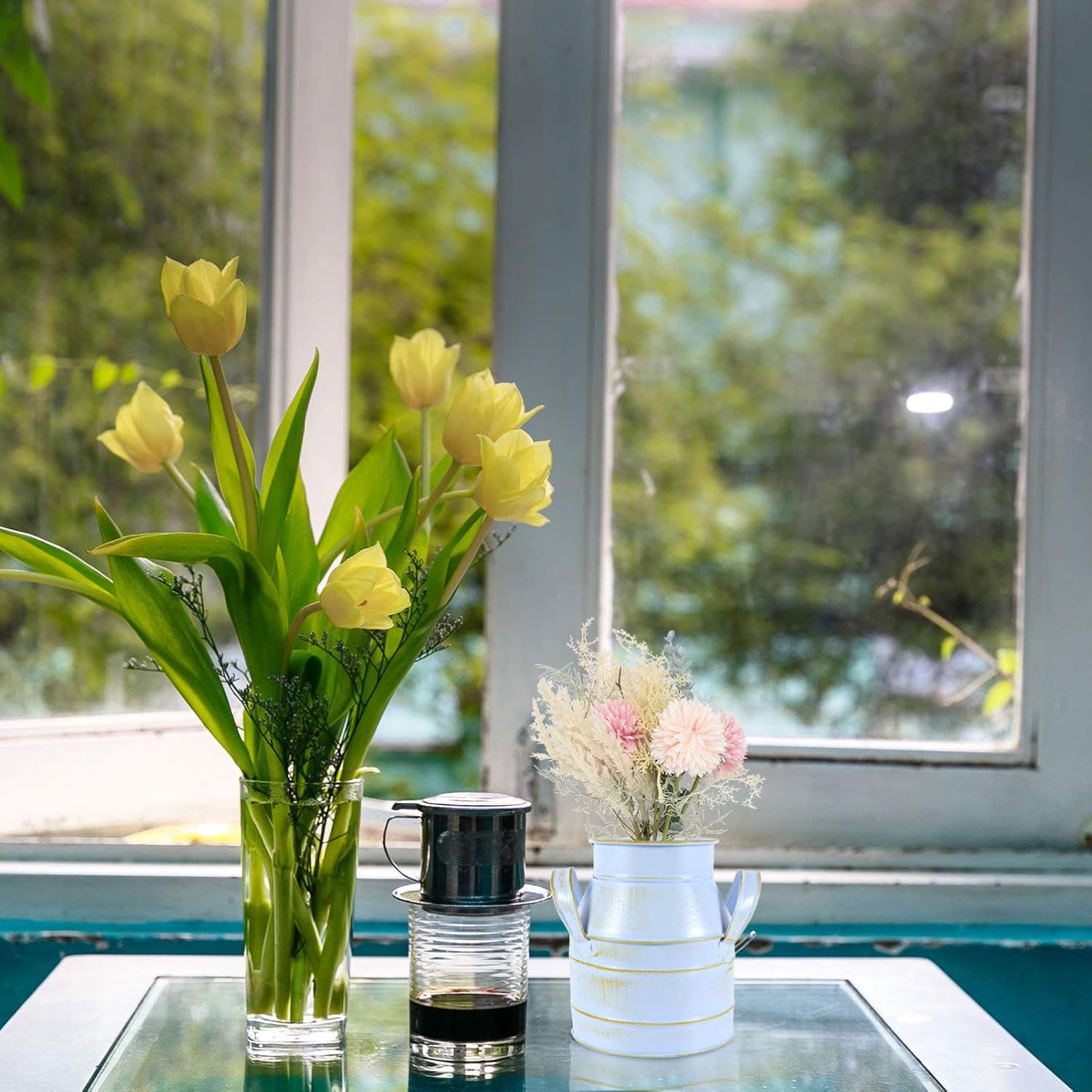 Hemoton Vintage Galvanized Metal Flower Bucket Shabby Chic Vase Blue