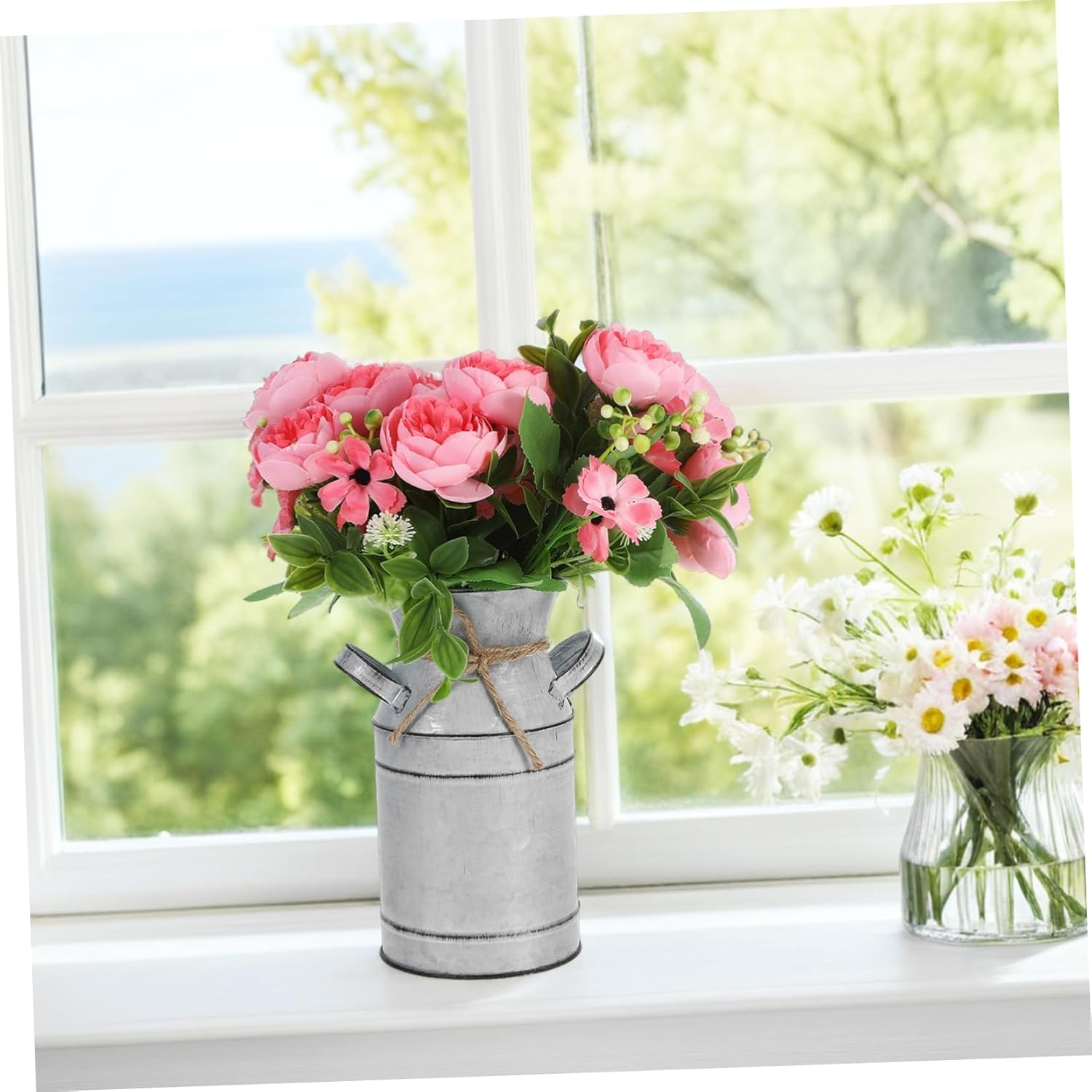 Galvanized Metal Vase with Handle Vintage French Country Style