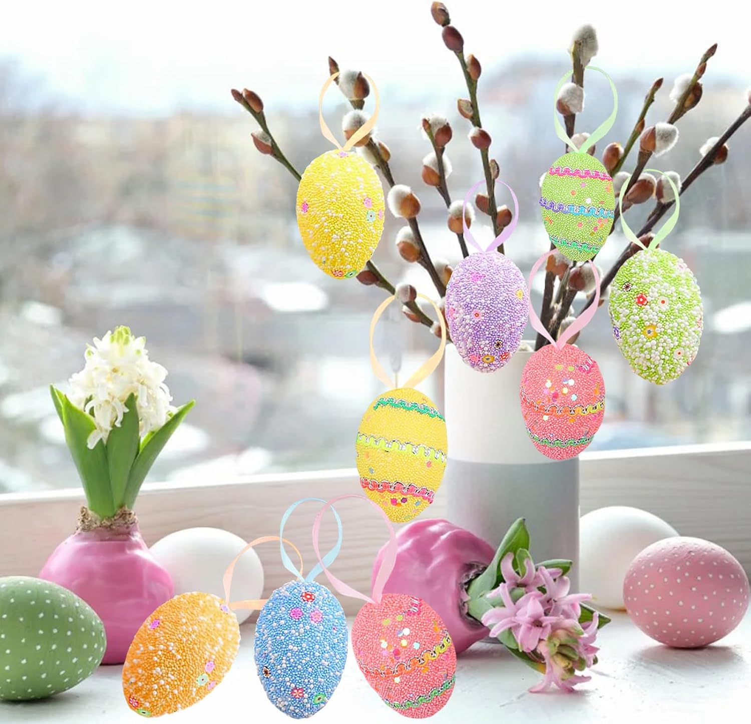 12PCS Multicolor Foam Easter Egg Hanging Decorations