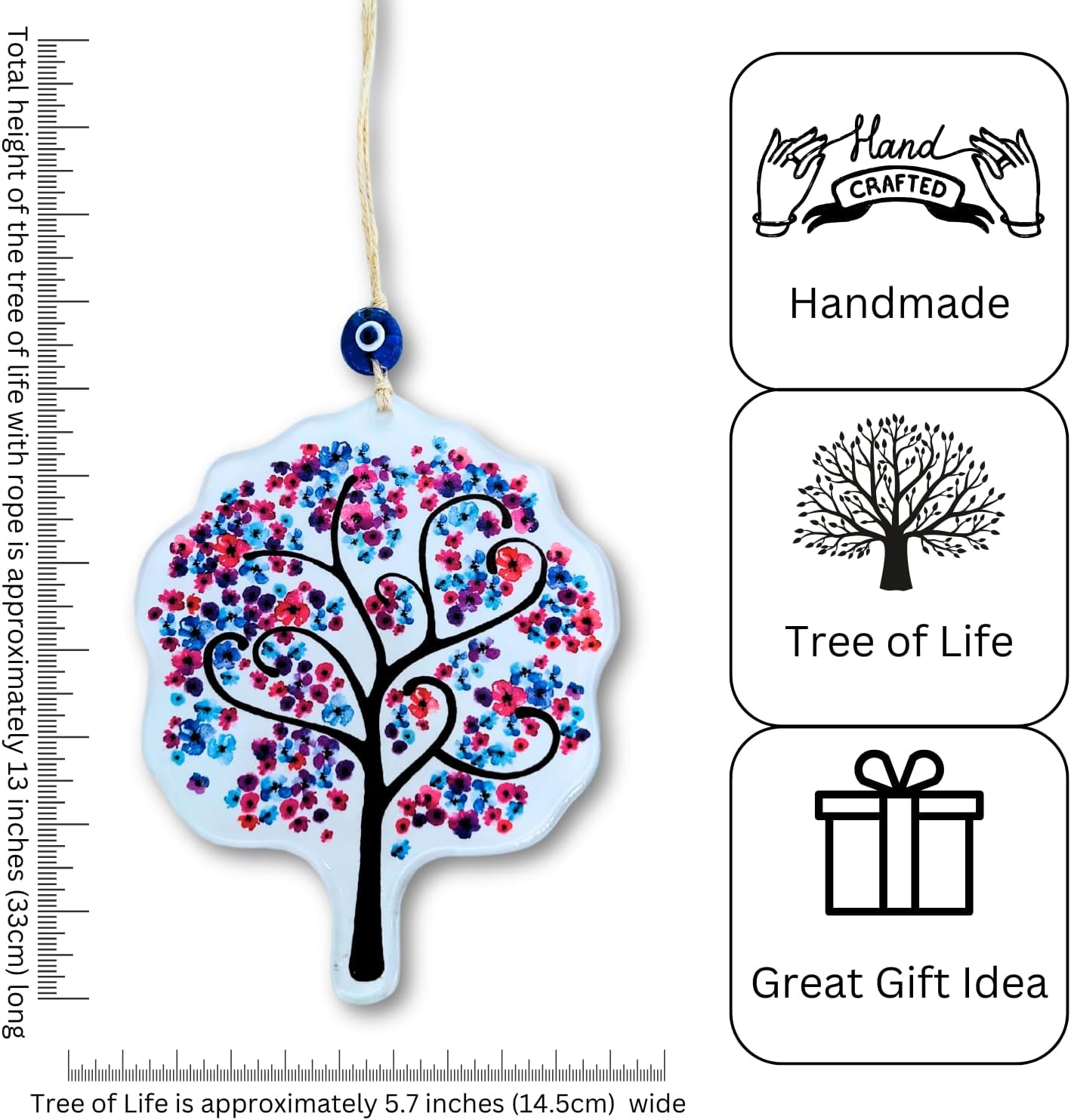 Glass Pink Flowers Tree of Life Hanging Decor with Evil Eye Bead