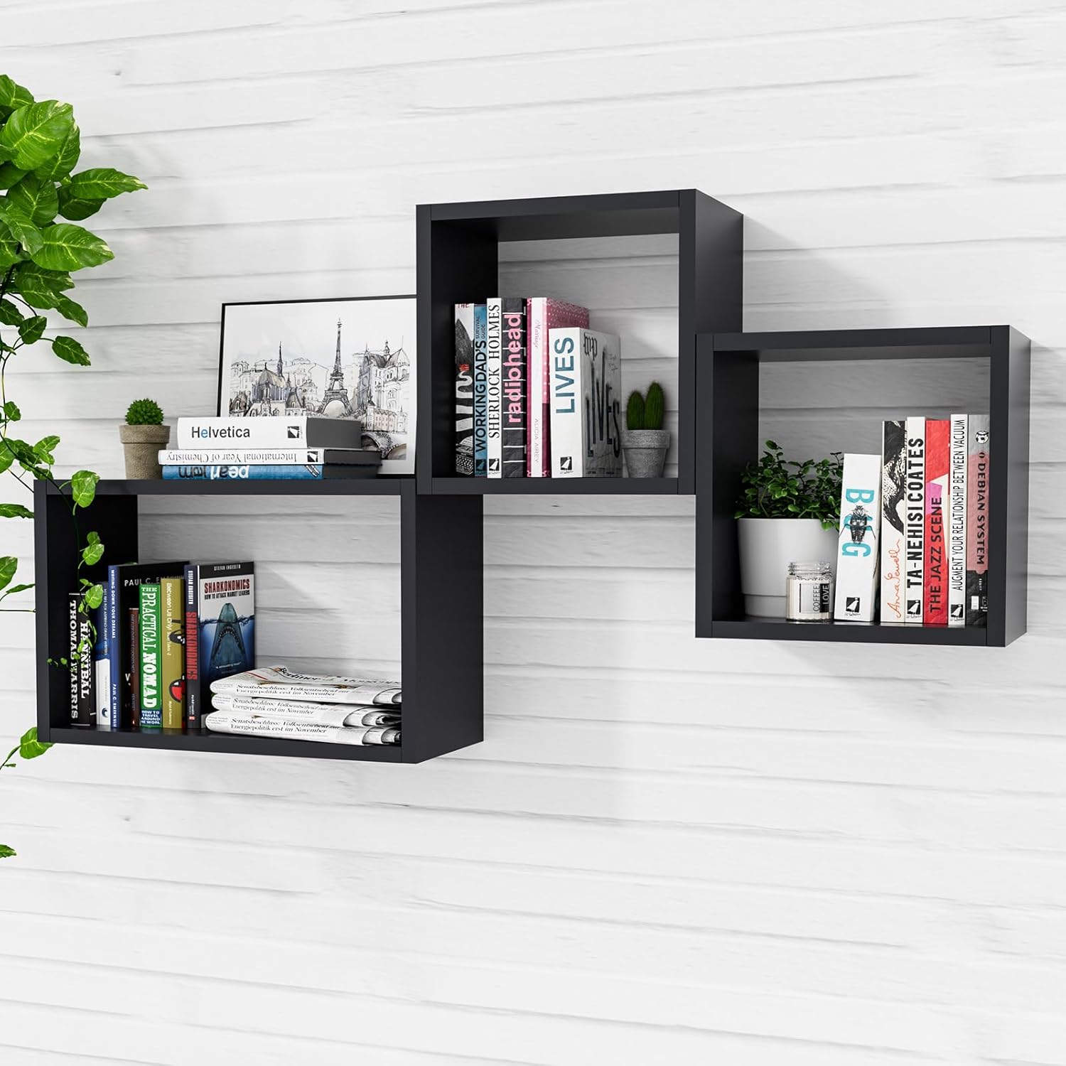 Kaboon Wall Mount Shelf Set of 3 Floating Cube Shelves Large Size Black