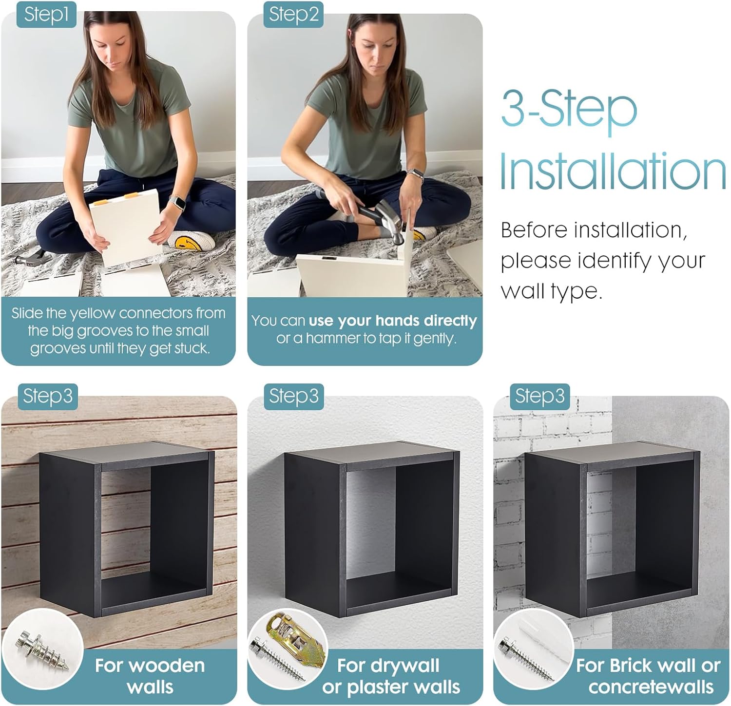 Kaboon Wall Mount Shelf Set of 3 Floating Cube Shelves Large Size Black