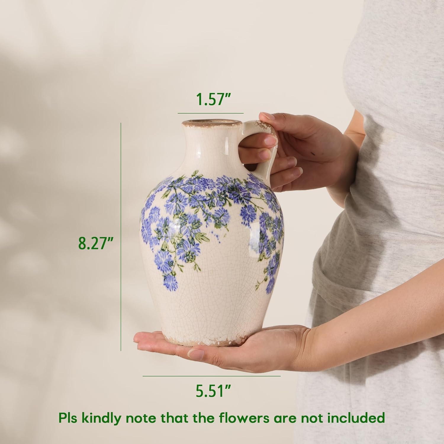 Vintage Flower Vase with Handle Blue and White Ceramic Pitcher