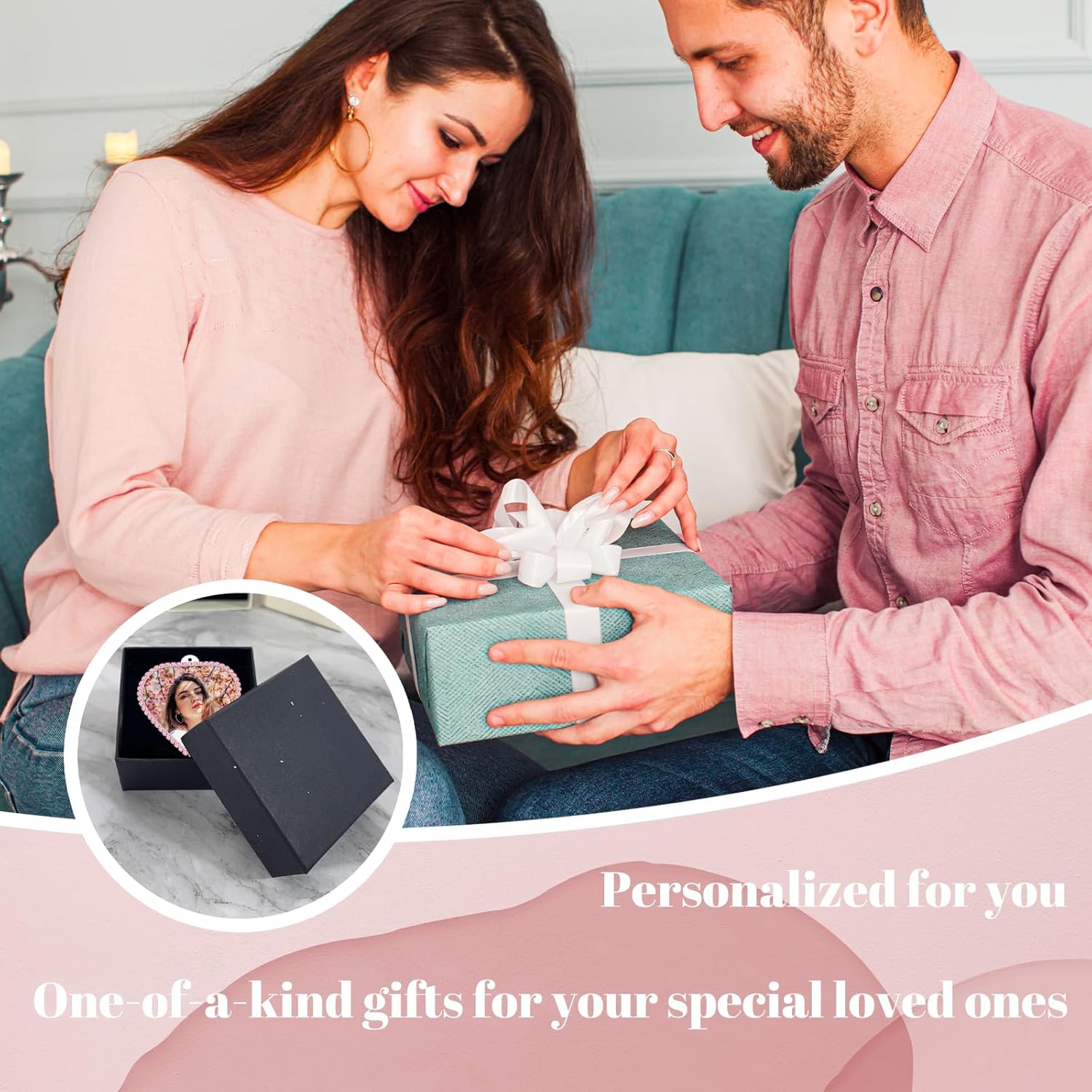 Personalized Photo Car Mirror Ornament - Custom Double-Sided Acrylic Heart Shape with Rhinestone Trim - White