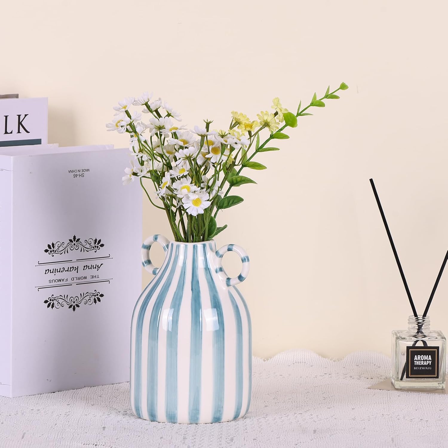 Green and White Ceramic Vase with Handle
