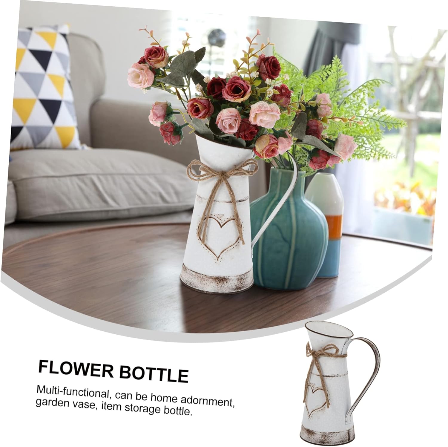 IMIKEYA Vintage French Country Style Pitcher Metal Flower Vase White 11 Inch