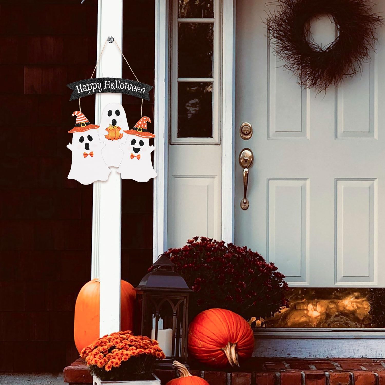 Ghost Halloween Door Sign Cute Happy Halloween Front Door Hanger Wooden Boo Decoration for Wall Porch Wreath