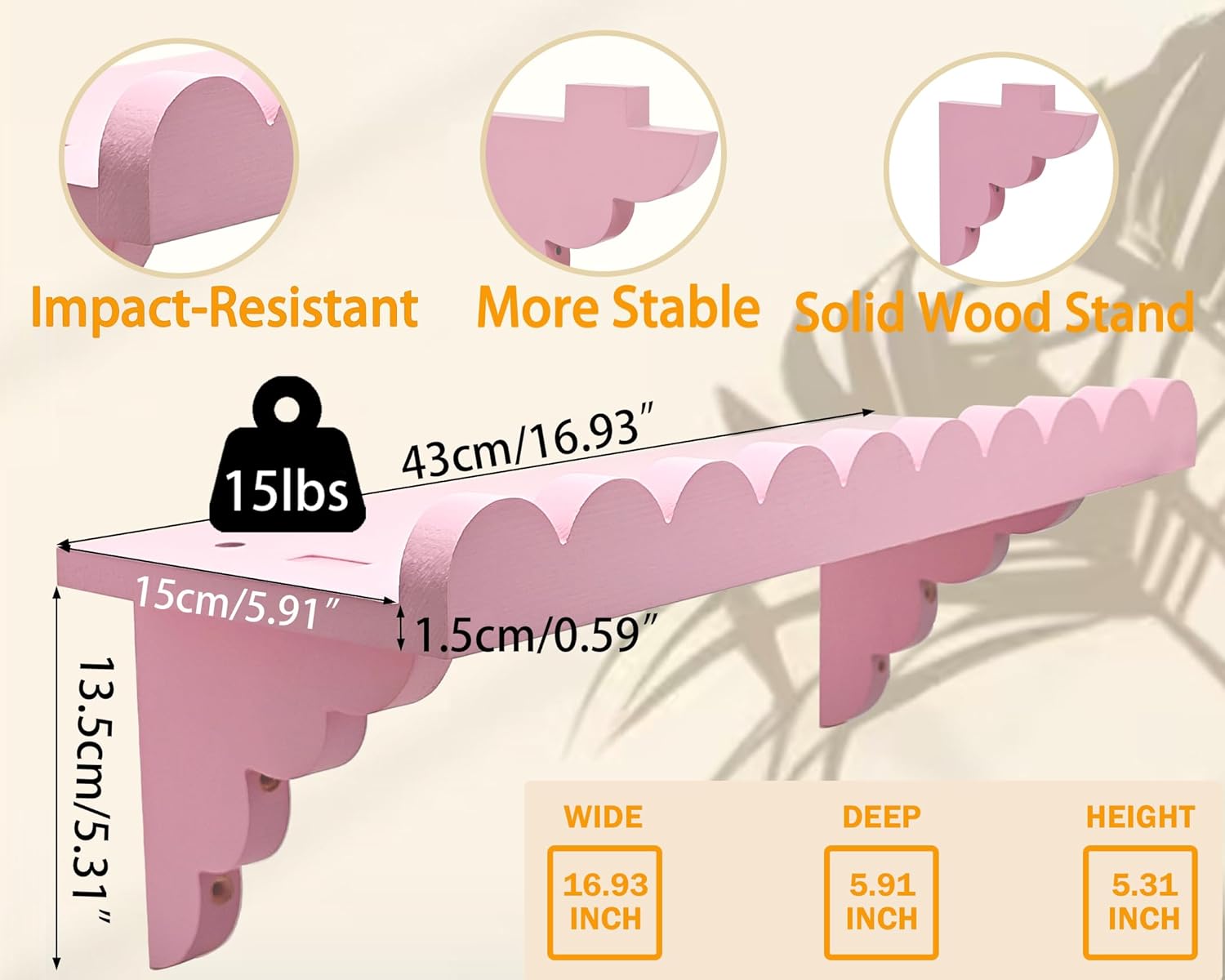 Scalloped Pink Floating Wall Shelf - 17 Inch Cute Decor Shelf for Bedroom Kitchen Bathroom