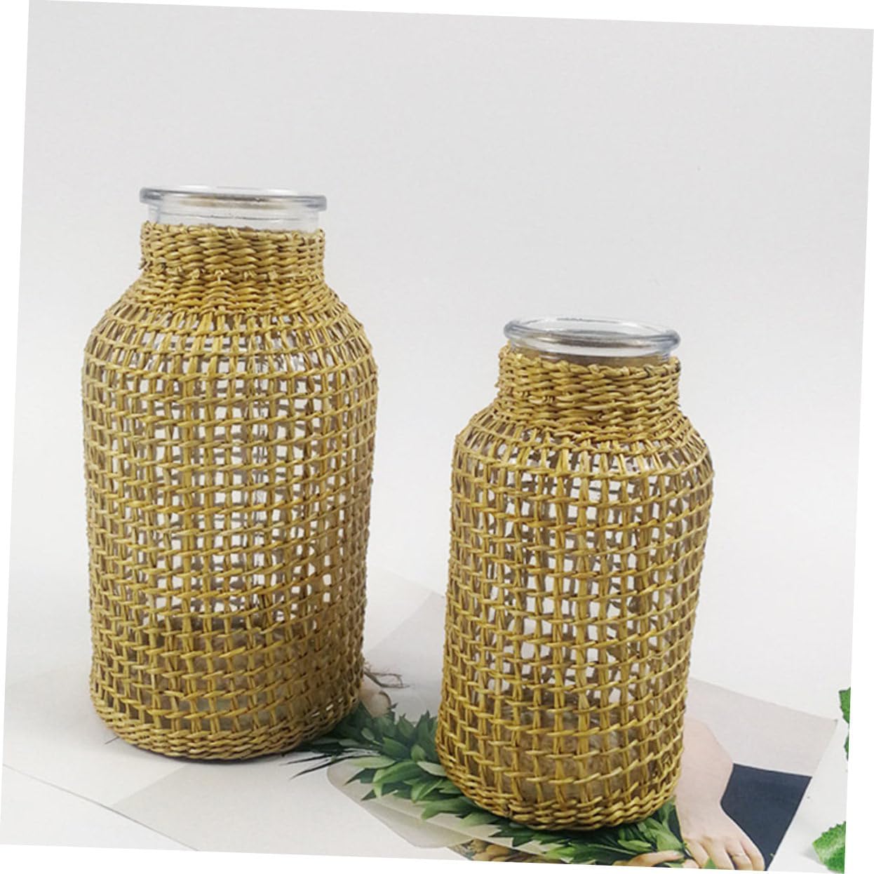 STOBAZA Style Glass Desktop Vase with Light Brown Wicker Design