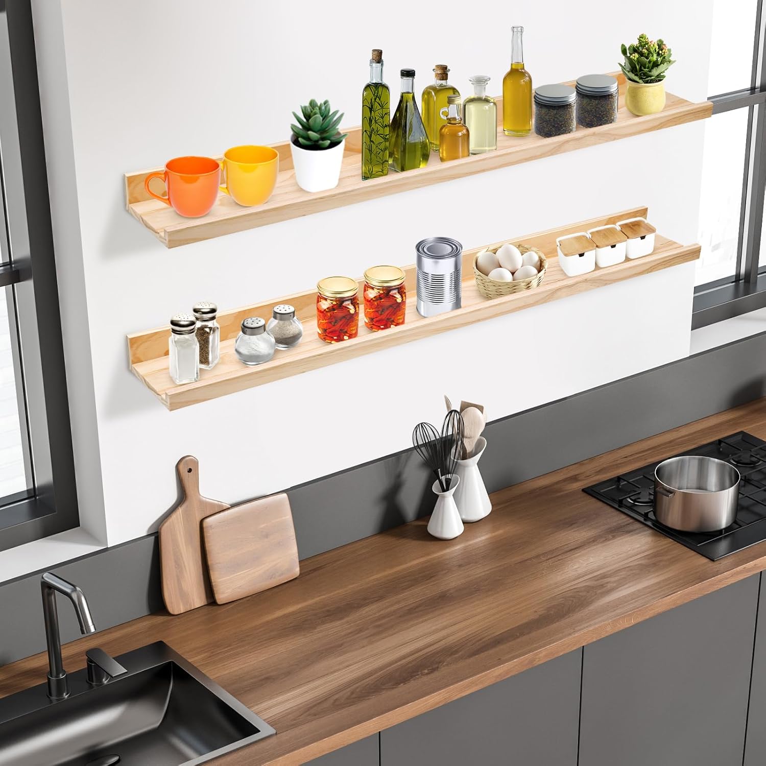 24 Inch Pine Wood Floating Shelves Set of 2 for Home Decor