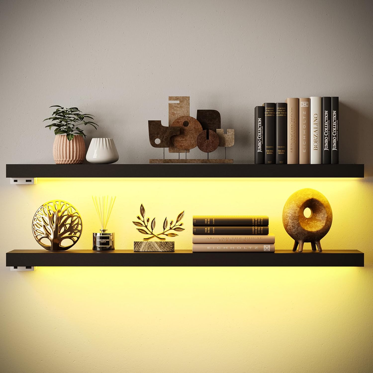 BAMEOS Black Floating Shelves with LED 31 Set of 2