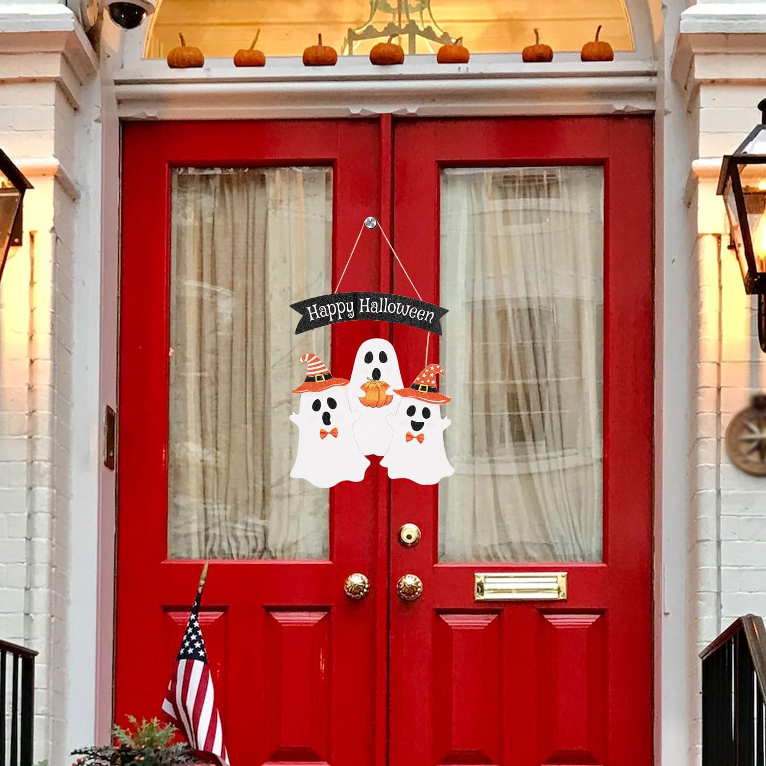 Ghost Halloween Door Sign Cute Happy Halloween Front Door Hanger Wooden Boo Decoration for Wall Porch Wreath