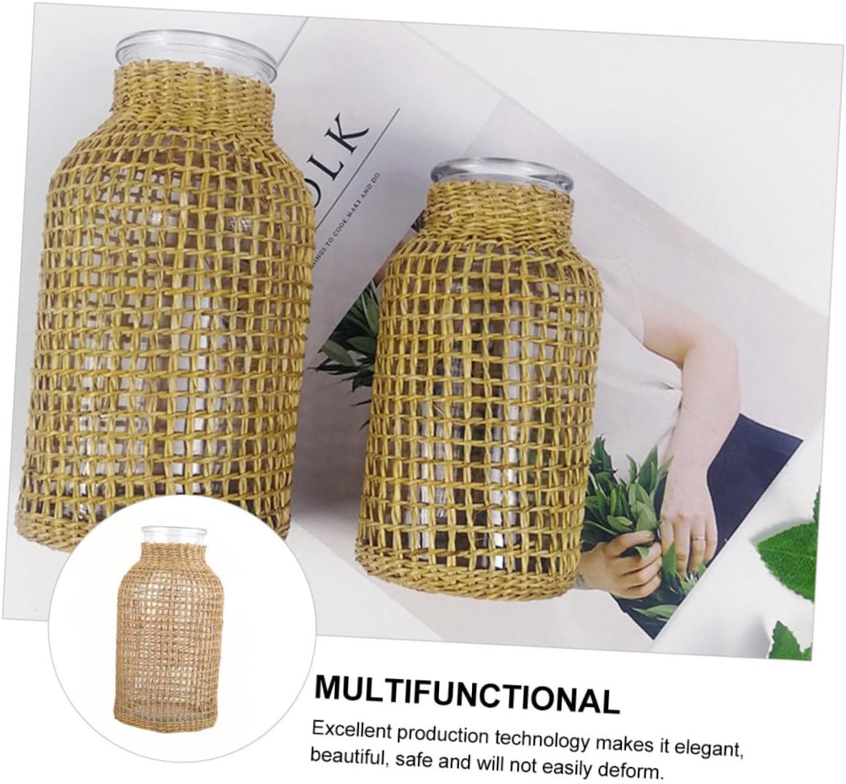 STOBAZA Style Glass Desktop Vase with Light Brown Wicker Design