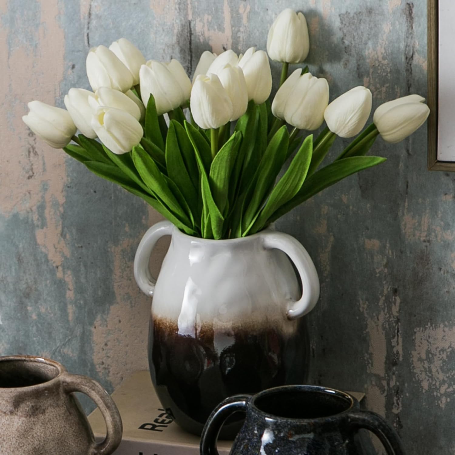 JOJUNO White to Brown Gradient Ceramic Vase with Handles