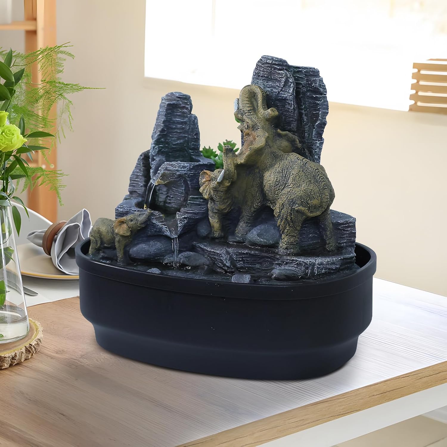 108 Inch H Elephant Tabletop Fountain with LED Lights and Cascading Rocks
