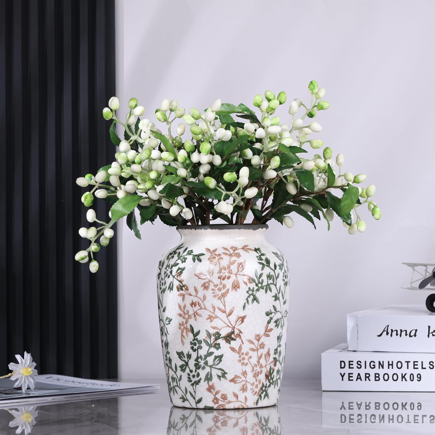 Vintage Green Ceramic Floral Vase - Retro Ice-Cracked Design