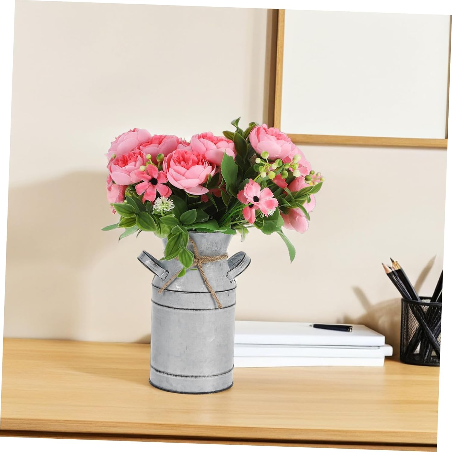 Galvanized Metal Vase with Handle Vintage French Country Style