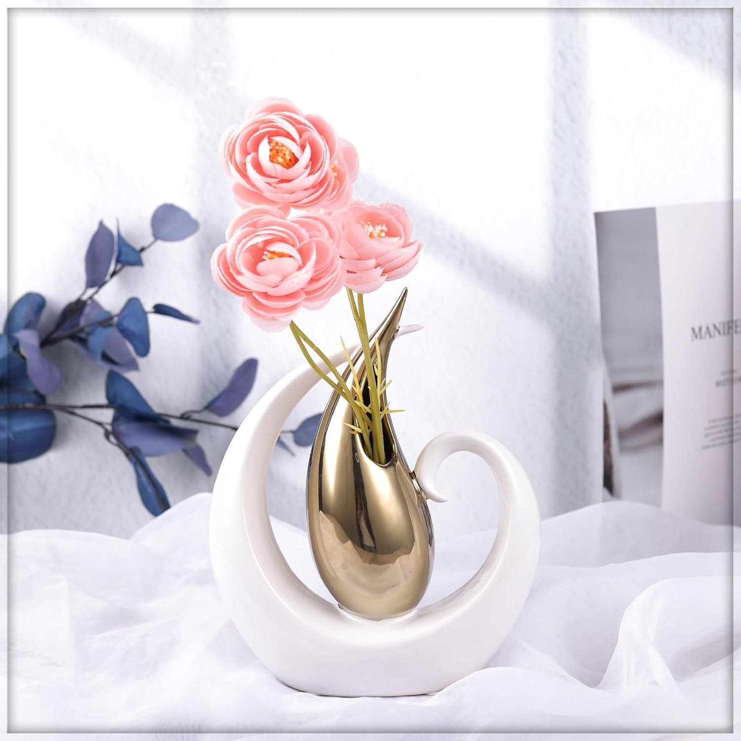 Modern Ceramic Vase Gold and White Decor