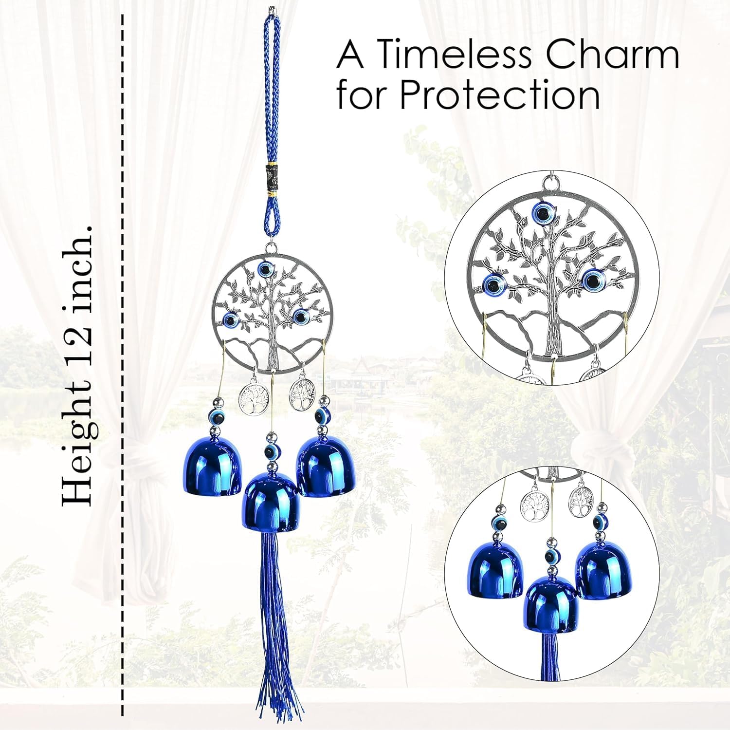 BEZAVO Blue Evil Eye Wall Hanging Decor with 5 Bells