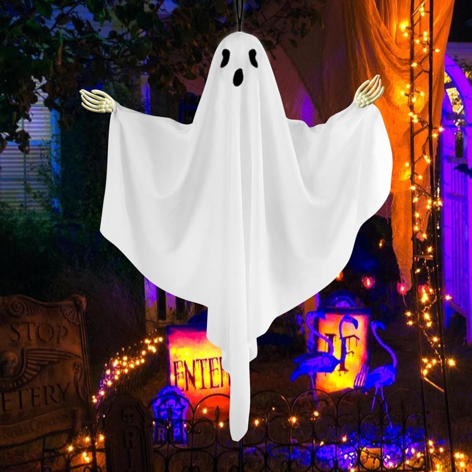 Halloween Ghost Hanging Ornament with Hand Bones