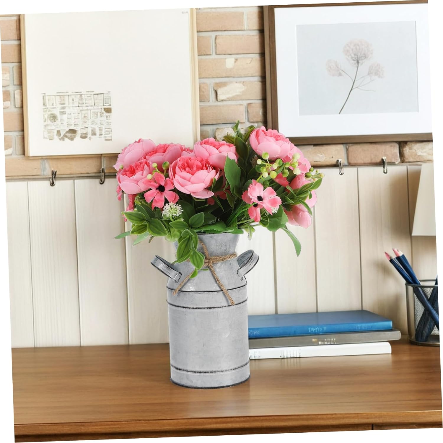 Galvanized Metal Vase with Handle Vintage French Country Style