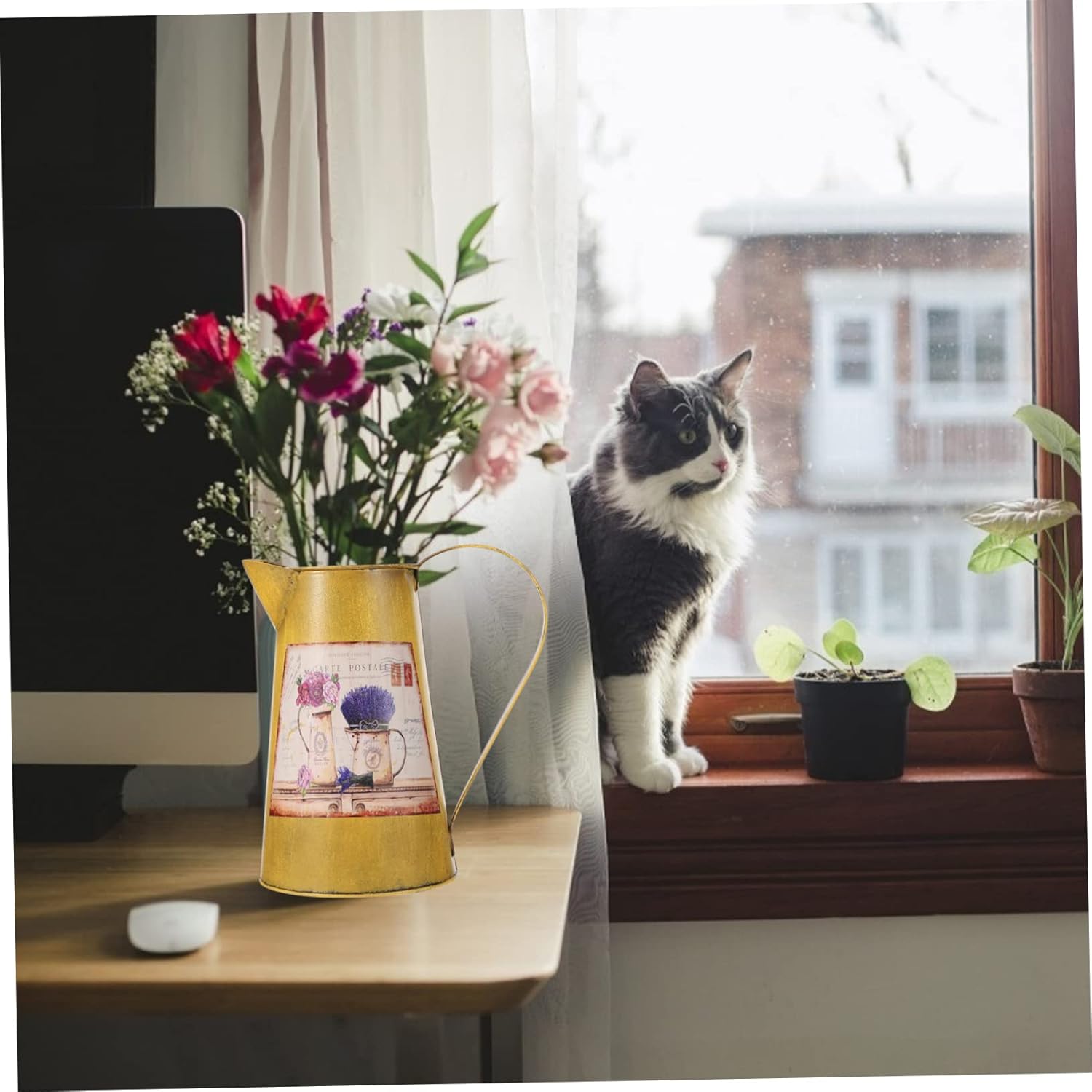 STOBAZA Vintage Wrought Iron Flower Bucket Decor Vase