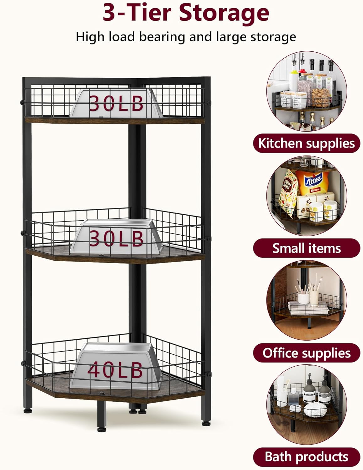 WikLiy 3 Tier Corner Shelf Stand with Metal Grid
