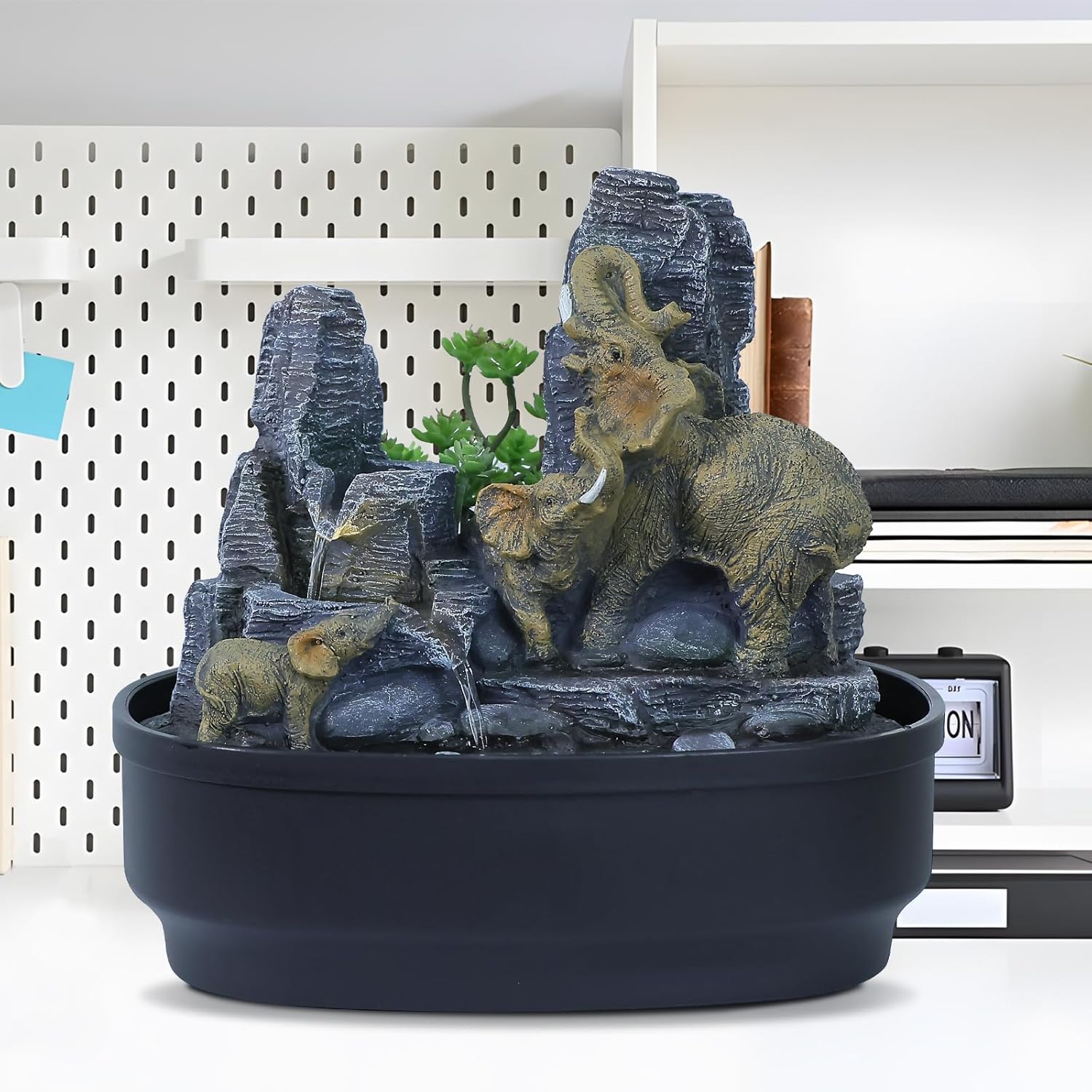 108 Inch H Elephant Tabletop Fountain with LED Lights and Cascading Rocks