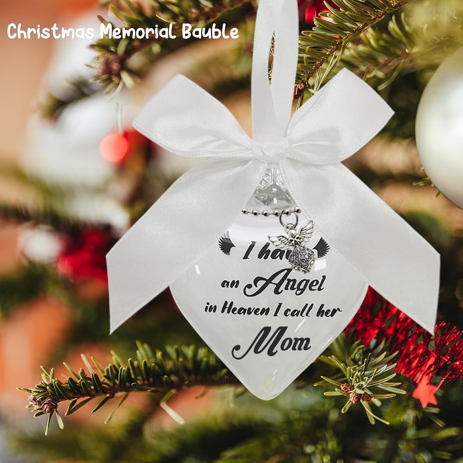 Clear Christmas Memorial Ornament with Angel and Bow