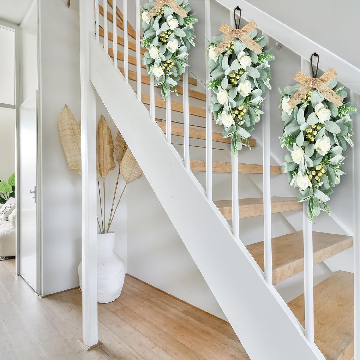 4 Pcs 24 Inch Artificial White Rose Teardrop Wreaths