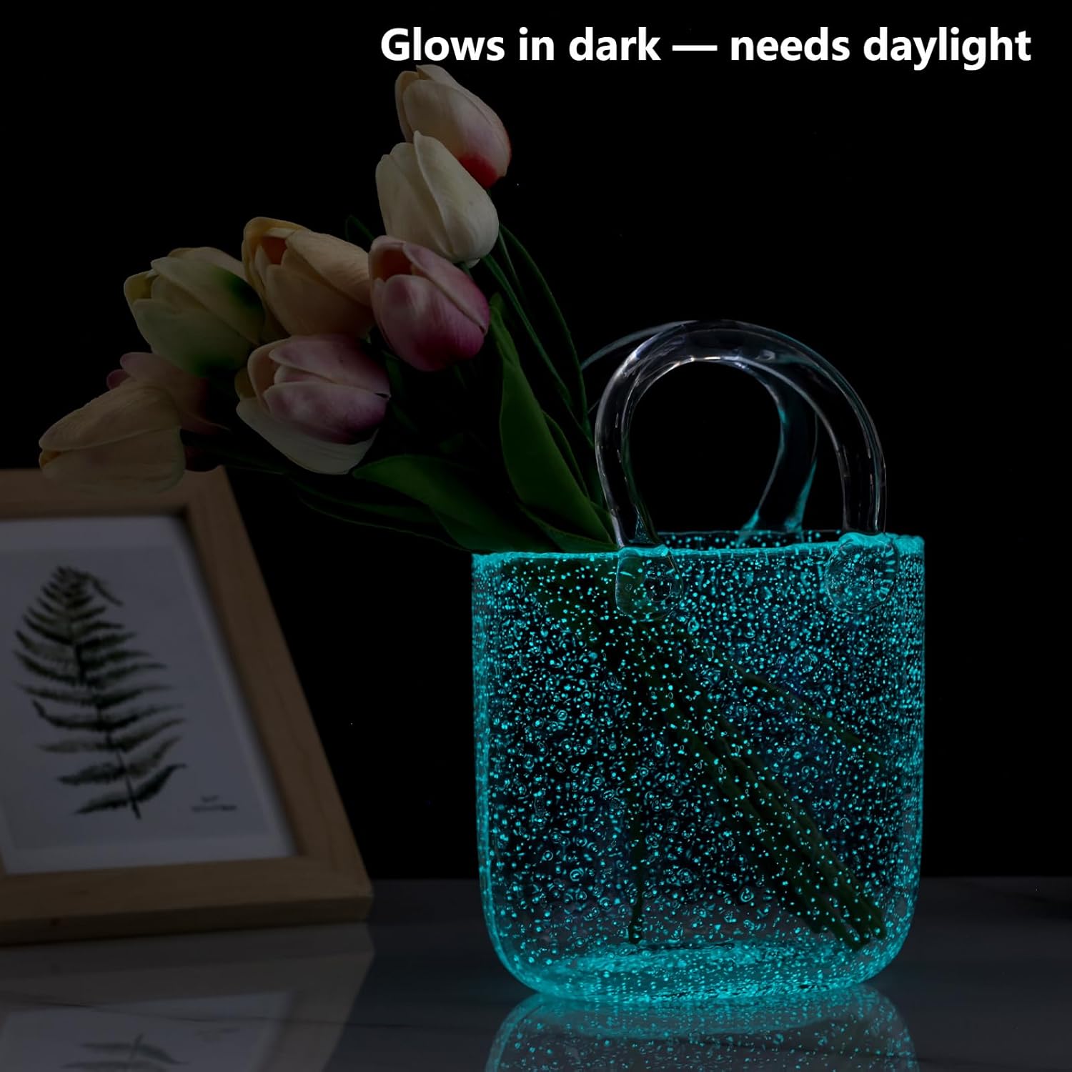 Light Up Glass Purse Vase with Handle for Home Decor