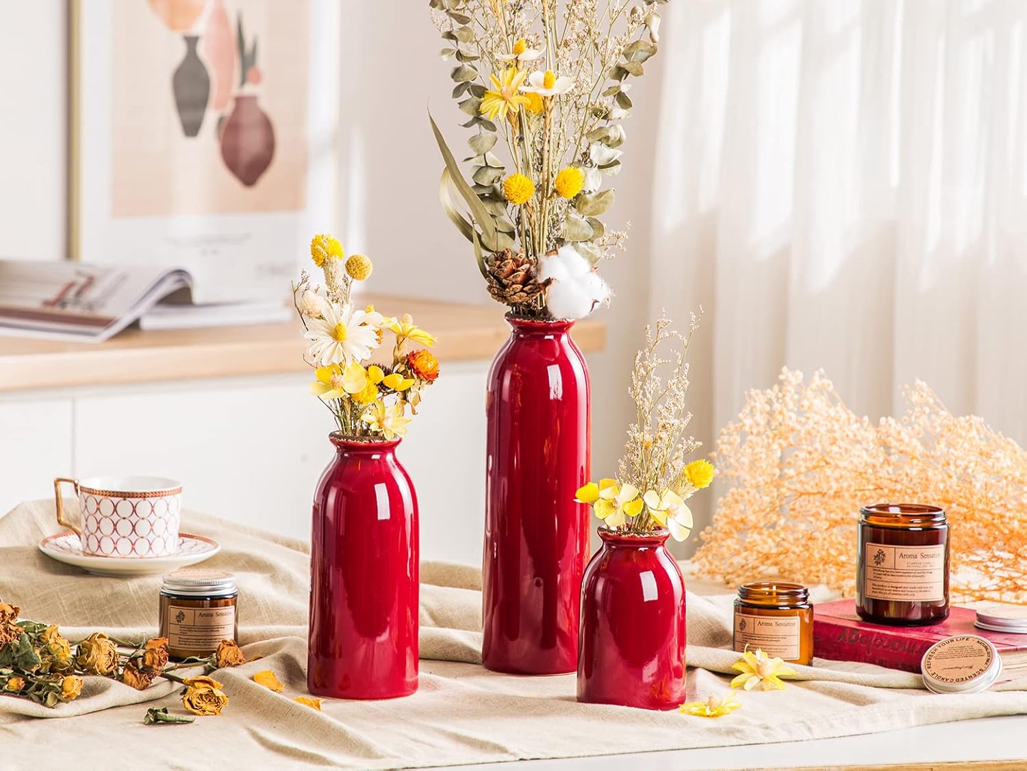 Ceramic Red Vase Set 3 Piece Modern Farmhouse Decor