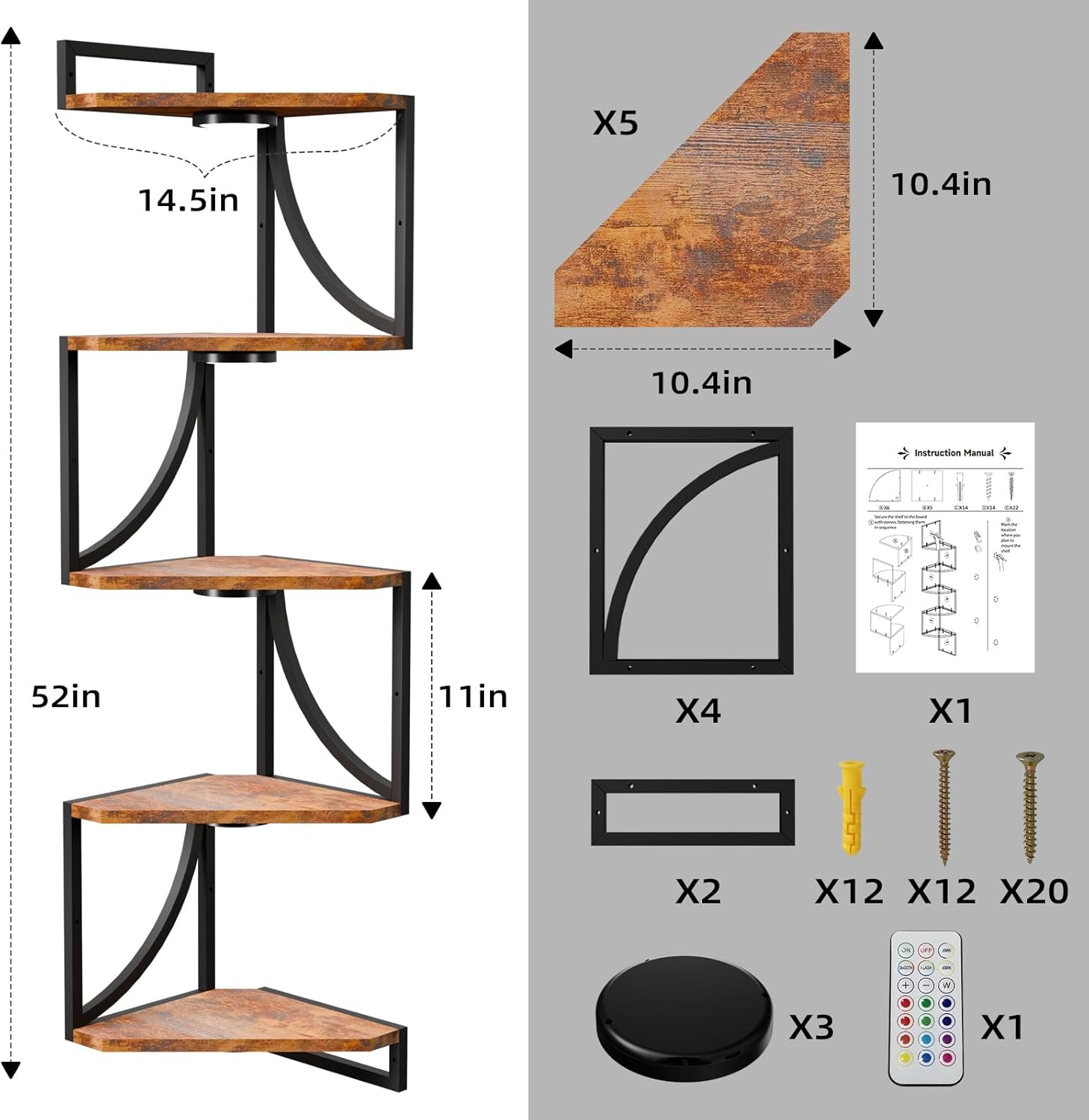 HAAYOT 5-Tier Corner Shelf with LED Lights