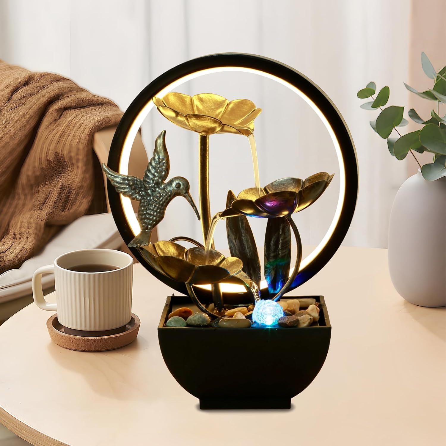 Tabletop Water Fountain with LED Ring Light and Humidifier for Home Office Bedroom