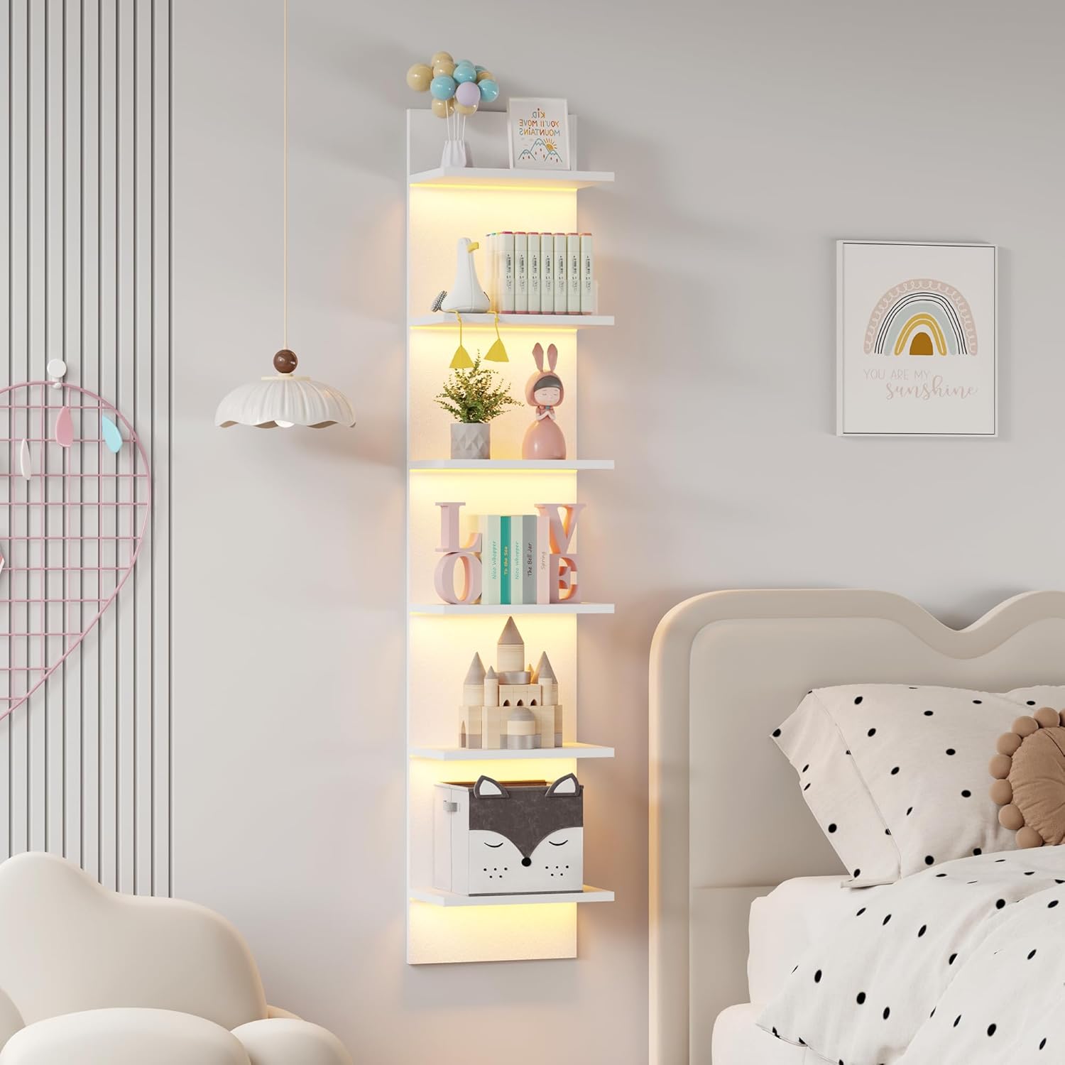 6 Tier Wall Shelf with LED Light White