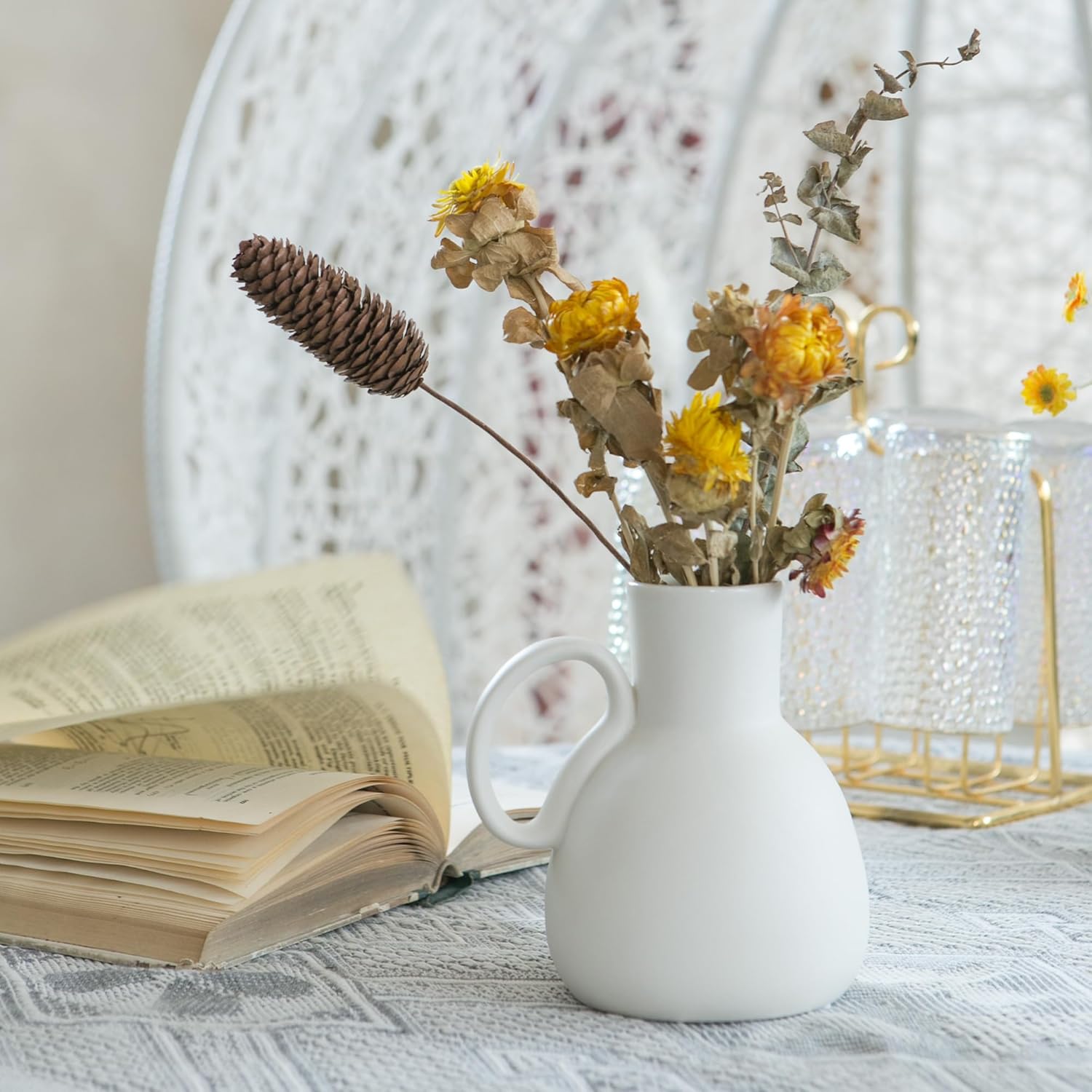 Tanvecle White Ceramic Vase Set 2 Small Vases with Handles