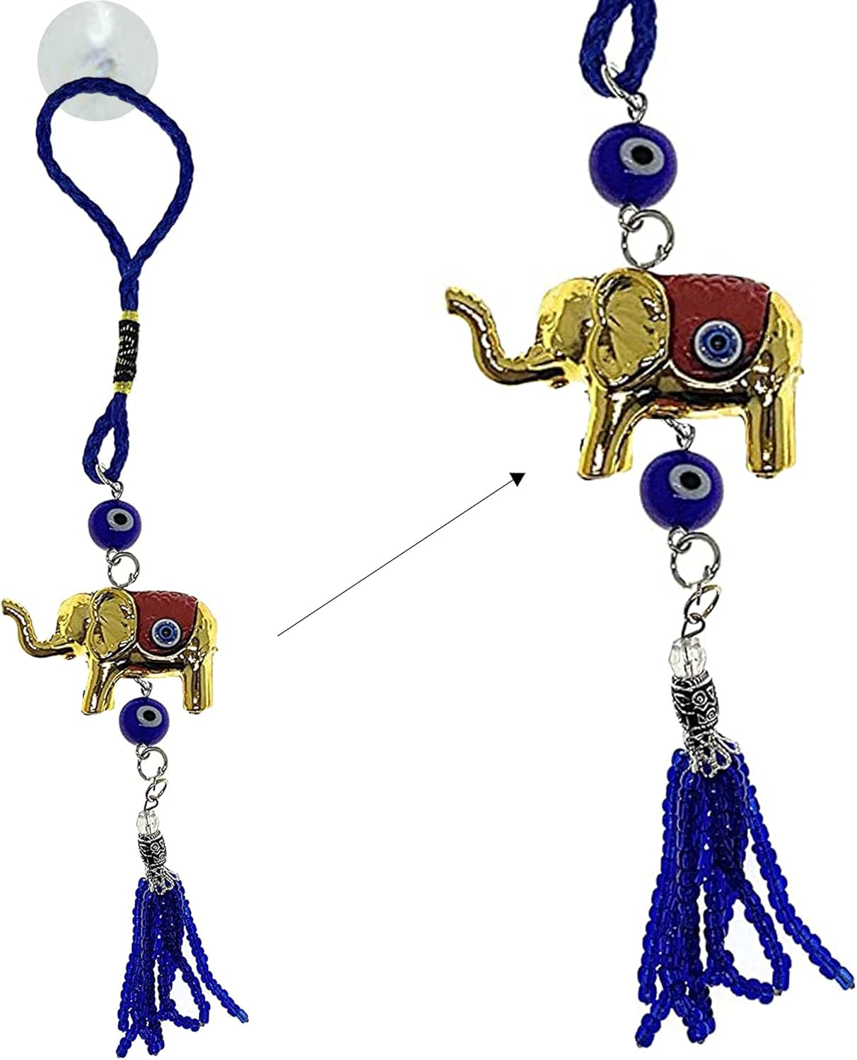 Bravo Team Lucky Blue Evil Eye Hanging Ornament with Elephant Charm and Tassel - Home Car Decor