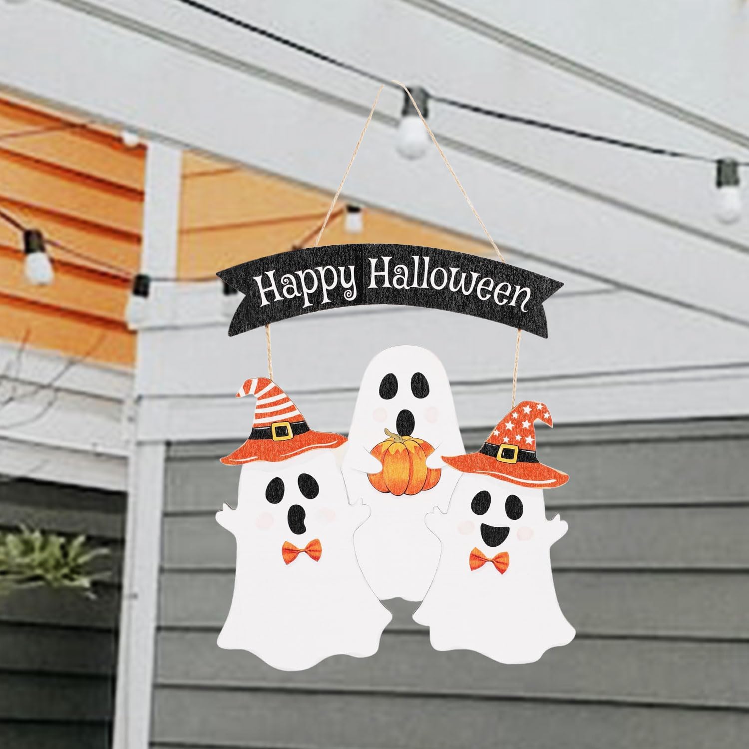 Ghost Halloween Door Sign Cute Happy Halloween Front Door Hanger Wooden Boo Decoration for Wall Porch Wreath