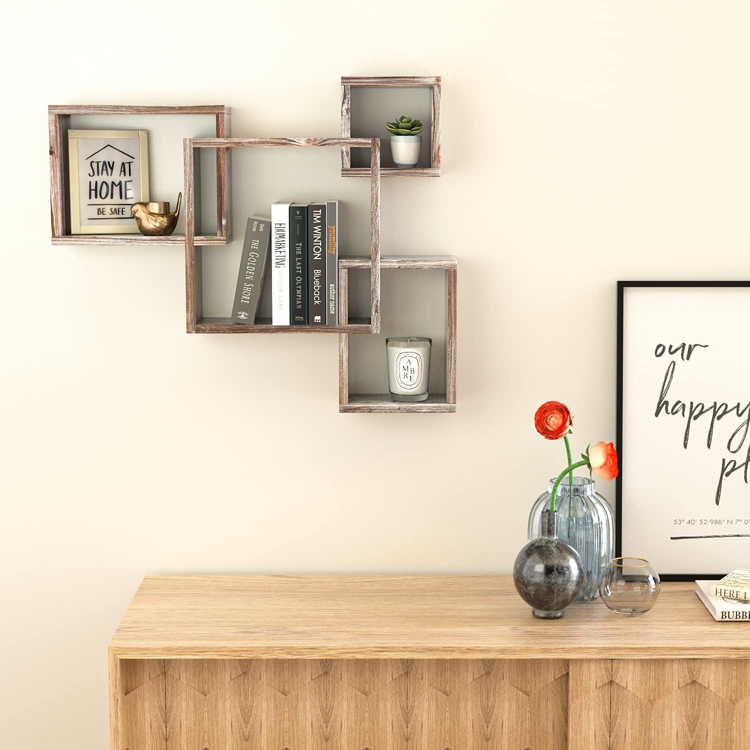 Rustic Wood Floating Shelves with 4 Cubes